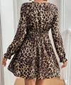 Kadın Uzun Kollu V Dantel Yakalı Leopar Desenli Modal Mini Elbise