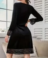 Kadın Uzun Kollu V Dantel Yakalı Mini Kadife Elbise