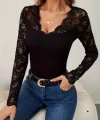 Kadın Uzun Kollu V Derin Dantel Yakalı Kaşkorse Bluz