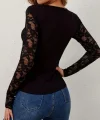 Kadın Uzun Kollu V Derin Dantel Yakalı Kaşkorse Bluz
