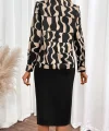Kadın Uzun Kollu V Hakim Yakalı Desenli Dalgıç Bluz Ve önden Büzgülü Krep Ikili Takım