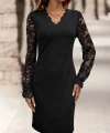 Kadın Uzun Kollu V Lazer Kesim Detaylı Kısa Ithal Krep Elbise