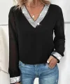 Kadın Uzun Kollu V Pulpayet Yakalı Ithal Krep Bluz