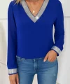Kadın Uzun Kollu V Pulpayet Yakalı Ithal Krep Bluz