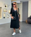 Kadın Uzun Kollu V Ribana Yakalı Yanlardan Yırtmaçlı Midi Viskon Iki Iplik Elbise