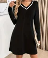 Kadın Uzun Kollu V şerit Yakalı Kısa Viskon Iki Iplik Elbise