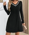 Kadın Uzun Kollu V şerit Yakalı Kısa Viskon Iki Iplik Elbise