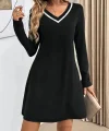 Kadın Uzun Kollu V şerit Yakalı Kısa Viskon Iki Iplik Elbise