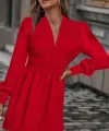 Kadın Uzun Kollu V Yaka Belden Hafif Pileli Scuba Krep Mini Boy Elbise