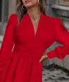 Kadın Uzun Kollu V Yaka Belden Hafif Pileli Scuba Krep Mini Boy Elbise