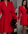 Kadın Uzun Kollu V Yaka Belden Hafif Pileli Scuba Krep Mini Boy Elbise