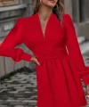 Kadın Uzun Kollu V Yaka Belden Hafif Pileli Scuba Krep Mini Boy Elbise