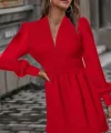 Kadın Uzun Kollu V Yaka Belden Hafif Pileli Scuba Krep Mini Boy Elbise