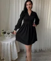 Kadın Uzun Kollu V Yaka Belden Hafif Pileli Scuba Krep Mini Boy Elbise