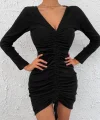 Kadın Uzun Kollu V Yaka Büzgülü Kaşkorse Elbise