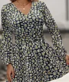 Kadın Uzun Kollu V Yaka çiçek Desenli Helen Kumaş Elbise