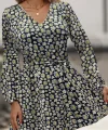 Kadın Uzun Kollu V Yaka çiçek Desenli Helen Kumaş Elbise