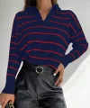 Kadın Uzun Kollu V Yaka çizgili Triko Bluz