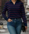 Kadın Uzun Kollu V Yaka çizgili Triko Bluz