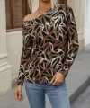 Kadın Uzun Kollu V Yaka Düşük Omuz Geometrik Desen şardonlu Dalgıç Bluz
