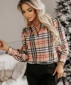 Kadın Uzun Kollu V Yaka Ekoseli Mosskrep Kumaş Bluz