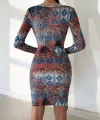 Kadın Uzun Kollu V Yaka eopar Etnik Desen Fırsat ürün ini Kruvaze Elbise