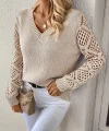 Kadın Uzun Kollu V Yaka Kol Delikli Baklava Desen Detaylı Triko Kazak