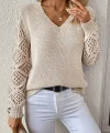 Kadın Uzun Kollu V Yaka Kol Delikli Baklava Desen Detaylı Triko Kazak