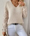 Kadın Uzun Kollu V Yaka Kol Delikli Baklava Desen Detaylı Triko Kazak