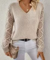 Kadın Uzun Kollu V Yaka Kol Delikli Baklava Desen Detaylı Triko Kazak