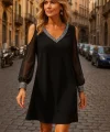Kadın Uzun Kollu V Yaka Kollar Tül Yırtmaç Detay Kol Manşetleri Ve Yaka Payet Krep Elbise