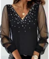 Kadın Uzun Kollu V Yaka Kolları Tül Yaka Kenarı Ve Göğüs Inci Detay Krep Bluz