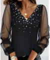 Kadın Uzun Kollu V Yaka Kolları Tül Yaka Kenarı Ve Göğüs Inci Detay Krep Bluz