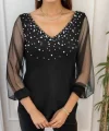 Kadın Uzun Kollu V Yaka Kolları Tül Yaka Kenarı Ve Göğüs Inci Detay Krep Bluz