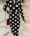 Kadın Uzun Kollu V Yaka Puantiyeli Krep Midi Boy Elbise