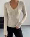 Kadın Uzun Kollu V Yaka şardonlu Kaşkorse Bluz