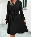 Kadın Uzun Kollu V Yakalı Belden Kuşaklı Kiloş Krep Elbise