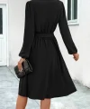 Kadın Uzun Kollu V Yakalı Belden Kuşaklı Kiloş Krep Elbise