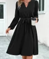 Kadın Uzun Kollu V Yakalı Belden Kuşaklı Kiloş Krep Elbise