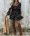 Kadın Uzun Kollu V Yakalı Belden Kuşaklı Puantiyeli Mini Modal Elbise