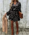 Kadın Uzun Kollu V Yakalı Belden Kuşaklı Puantiyeli Mini Modal Elbise