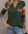 Kadın Uzun Kollu V Yakalı Cepli çok Renkli Viskon Bluz