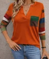 Kadın Uzun Kollu V Yakalı Cepli çok Renkli Viskon Bluz