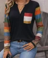 Kadın Uzun Kollu V Yakalı Cepli çok Renkli Viskon Bluz