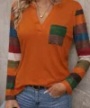 Kadın Uzun Kollu V Yakalı Cepli çok Renkli Viskon Bluz