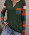 Kadın Uzun Kollu V Yakalı Cepli çok Renkli Viskon Bluz