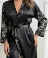 Kadın Uzun Kollu V Yakalı çiçek Baskılı Belden Kuşaklı Midi Saten Gecelik