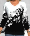 Kadın Uzun Kollu V Yakalı çiçek Baskılı şardonlu Dalgıç Bluz