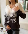 Kadın Uzun Kollu V Yakalı çiçek Baskılı şardonlu Dalgıç Bluz