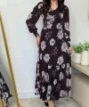 Kadın Uzun Kollu V Yakalı çiçek Desenli Maxi Süprem Elbise